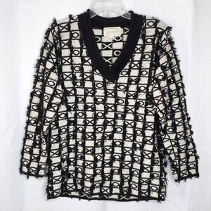 Leoniak Sweater S Fringe Rolled V Neck Black White Check XO Geometric Preppy